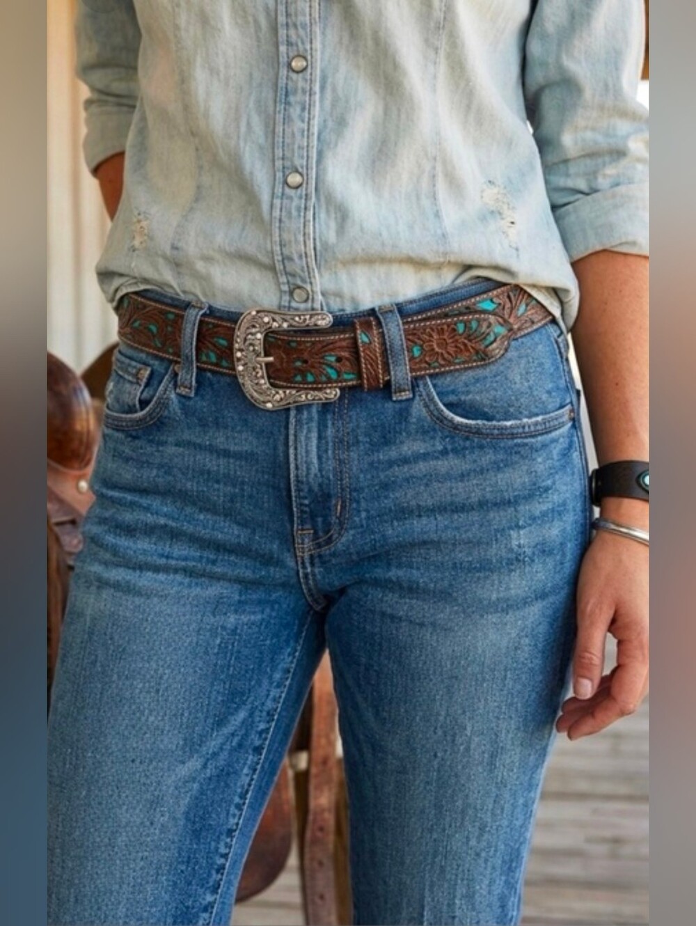 Ariat Belt Leather Western Brown Floral Tooled Turquoise Inlay & Rhinestone L